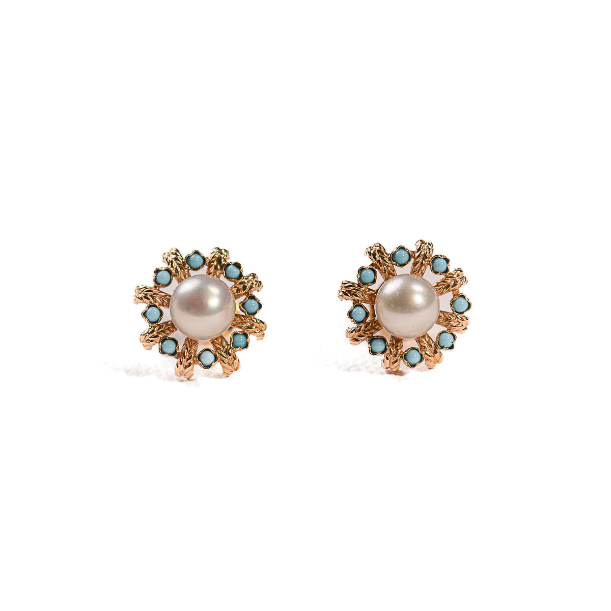 Boucles d'oreilles Puces perles et turquoises en or jaune