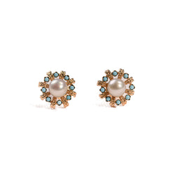 Boucles d'oreilles Puces perles et turquoises en or jaune