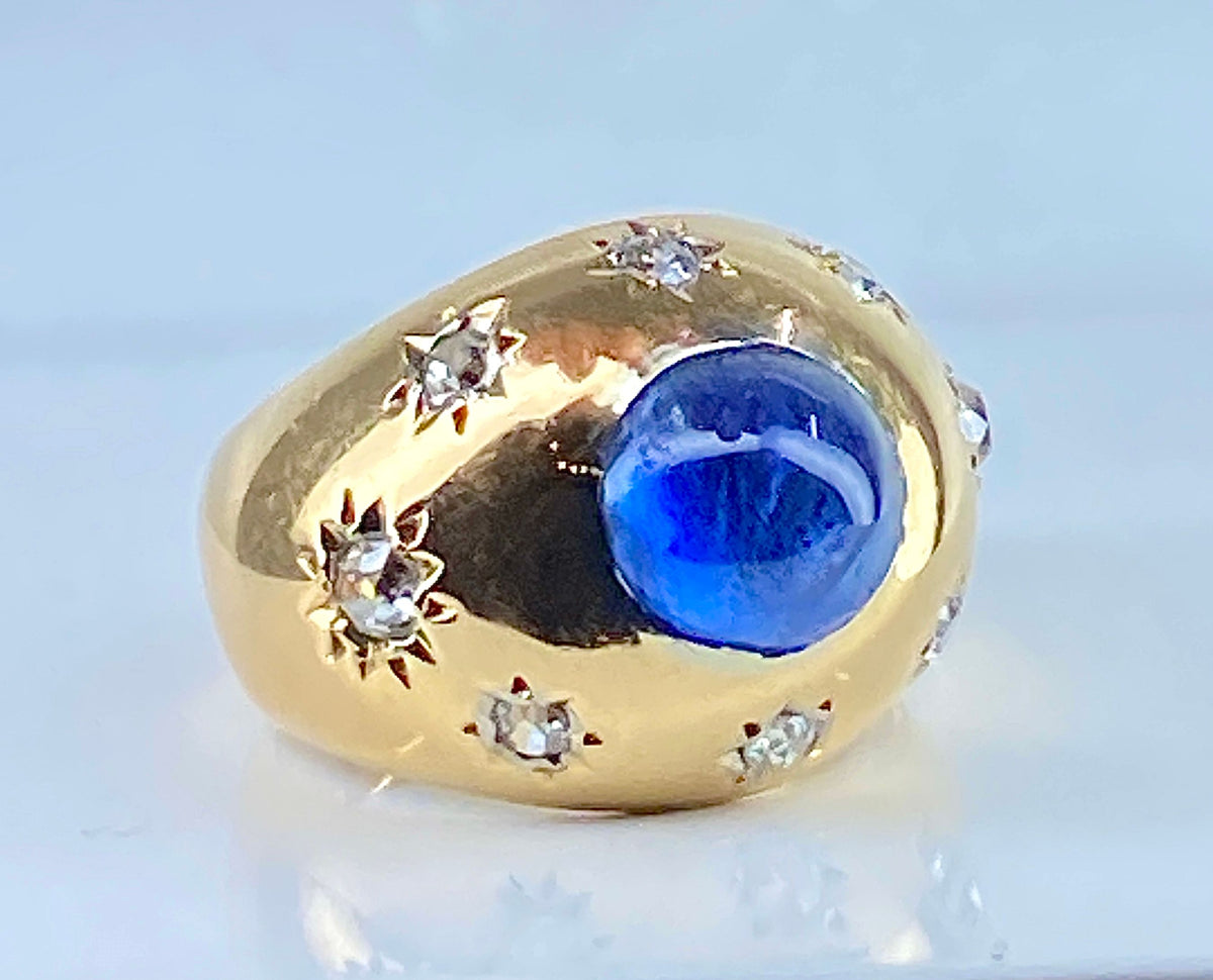 Bague en or jaune 18 carats, saphir 5,10 carats Ceylan non chauffé et diamants