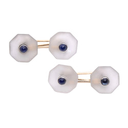Boutons de manchette Art Deco en or rose, or jaune, cristal de roche et saphir