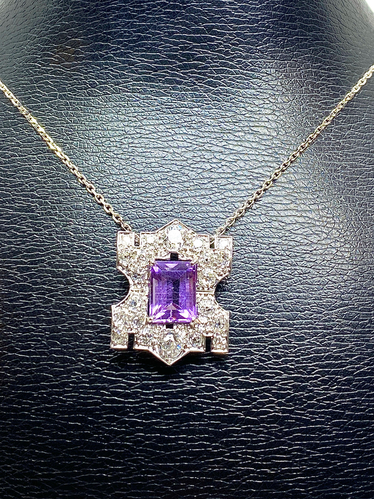 Pendentif en platine : améthyste et diamants