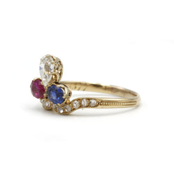 Bague Trilogie XIXème - Or jaune, diamants, rubis et saphir.