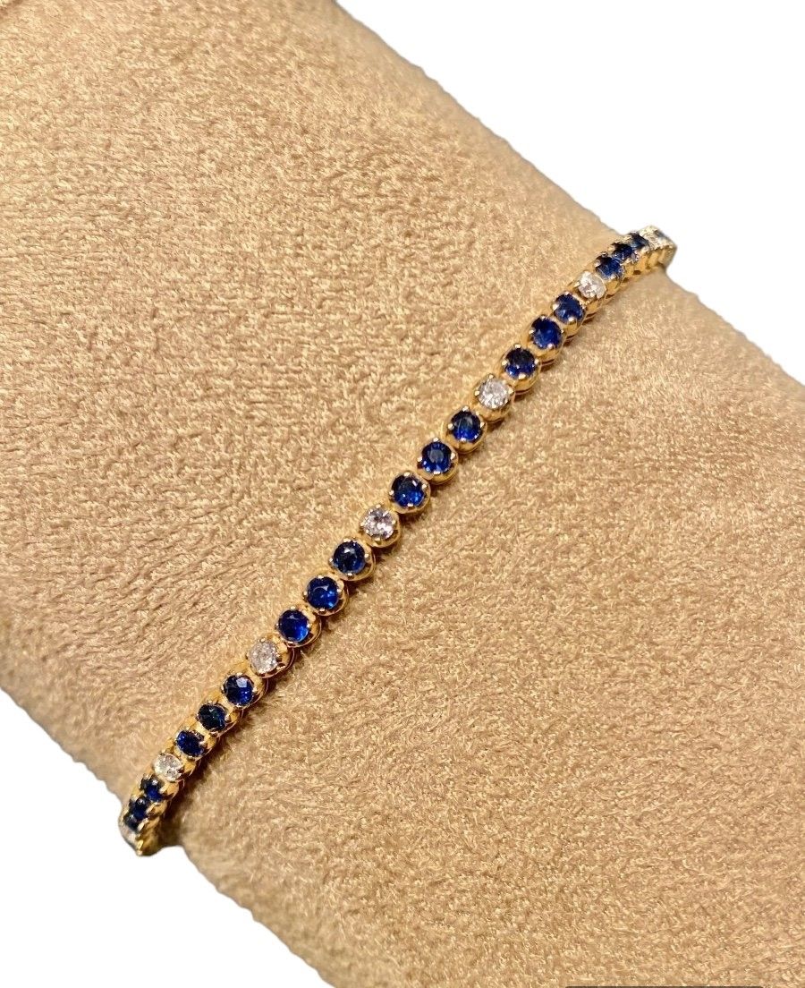 Bracelet Tennis, en or jaune 14k, saphirs et diamants