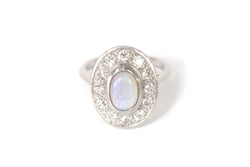 Bague Art Deco opale diamants en platine