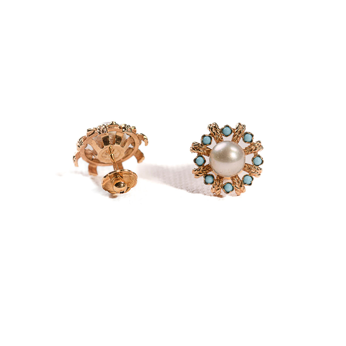 Boucles d'oreilles Puces perles et turquoises en or jaune