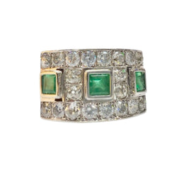 SORTIJA DISEÑO RETRO ÉPOCA 1950 de ORO 18 kts con DIAMANTES y ESMERALDAS