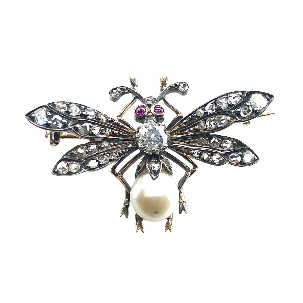 Broche mouche en or 18 carats et argent en diamants et perles fines vers 1850