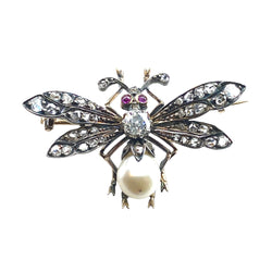 Broche mouche en or 18 carats et argent en diamants et perles fines vers 1850