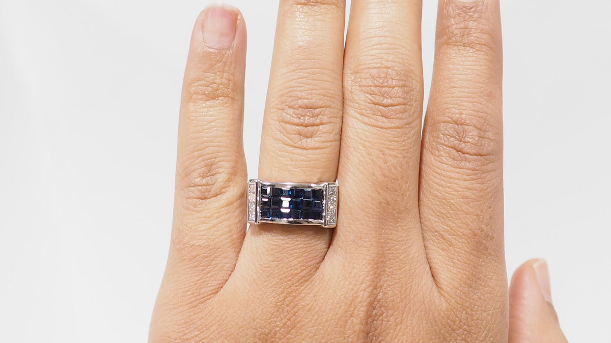 Bague bandeau en or blanc, saphirs et diamants