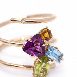 Bague Cocktail en or rose, péridot, topaze, grenat, tourmaline et diamant