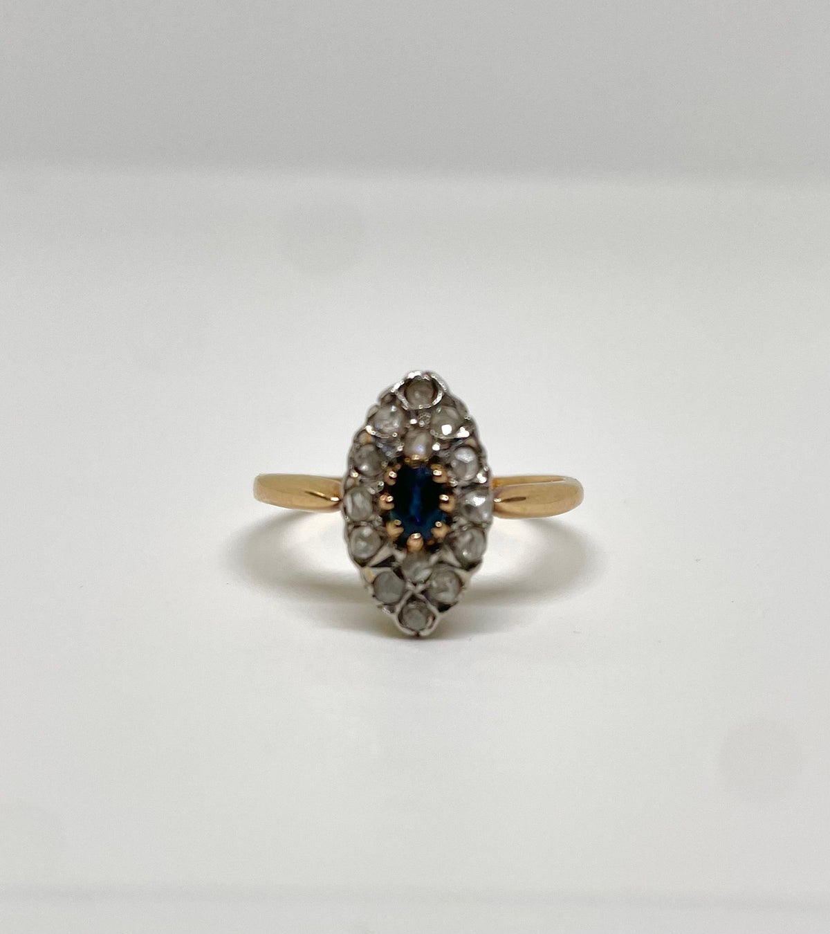 Bague marquise vintage saphir et diamants taille rose