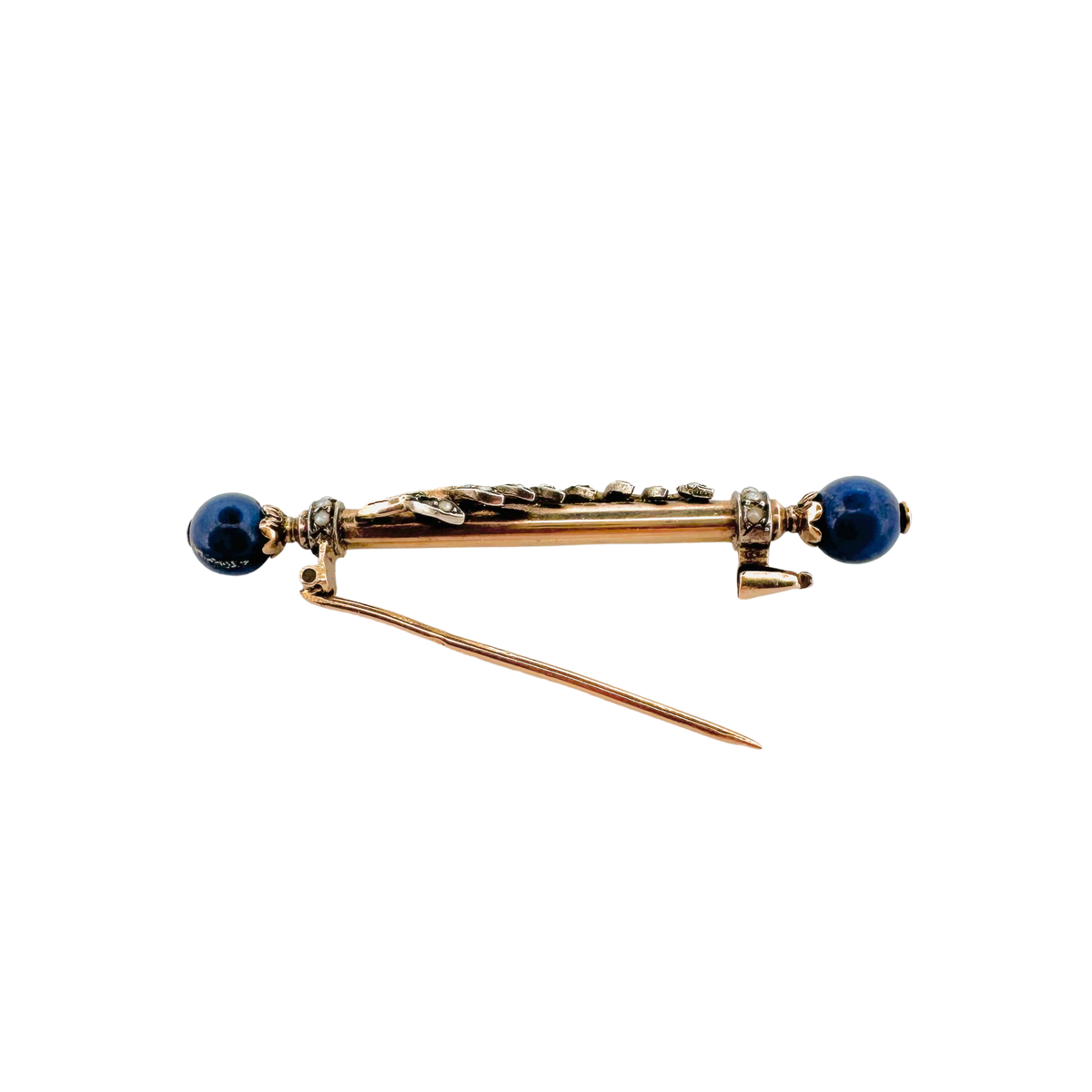 Broche or rose perles lapis lazuli