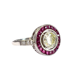 SORTIJA ESTILO ART DECO de PLATINO 950 kts con DIAMANTES y RUBIES
