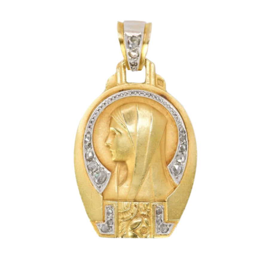 Médaille religieuse Art Deco Vierge de profil or jaune diamants taille rose - Castafiore