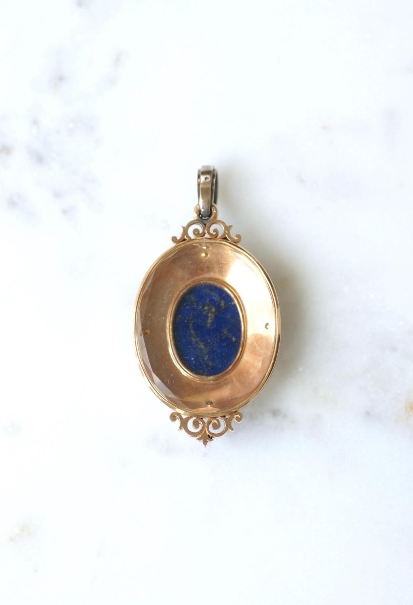 Médaillon Ancien Scarabée Lapis Lazuli Diamants et Perles - Castafiore