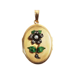 Médaillon en or jaune, argent, émail et perles - Castafiore