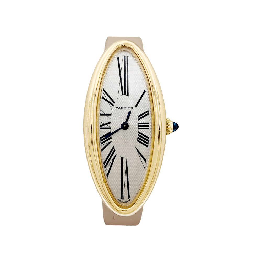 Montre CARTIER "Baignoire Allongée" en or rose, argent, acier et cuir - Castafiore