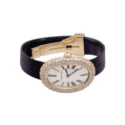 Montre CARTIER "Baignoire", or jaune, argent, cuir et diamants. - Castafiore