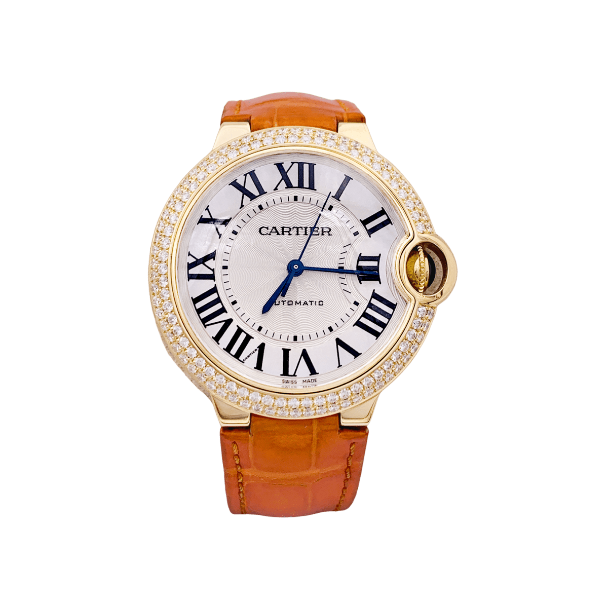 Montre CARTIER "Ballon Bleu" en or jaune, or rose, argent, cuir et diamants - Castafiore