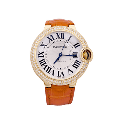 Montre CARTIER "Ballon Bleu" en or jaune, or rose, argent, cuir et diamants - Castafiore