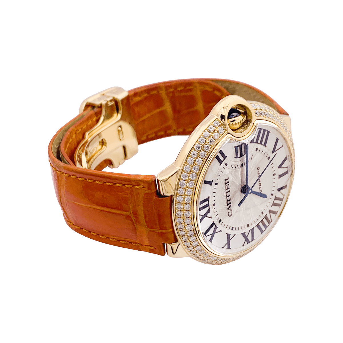 Montre CARTIER "Ballon Bleu" en or jaune, or rose, argent, cuir et diamants - Castafiore