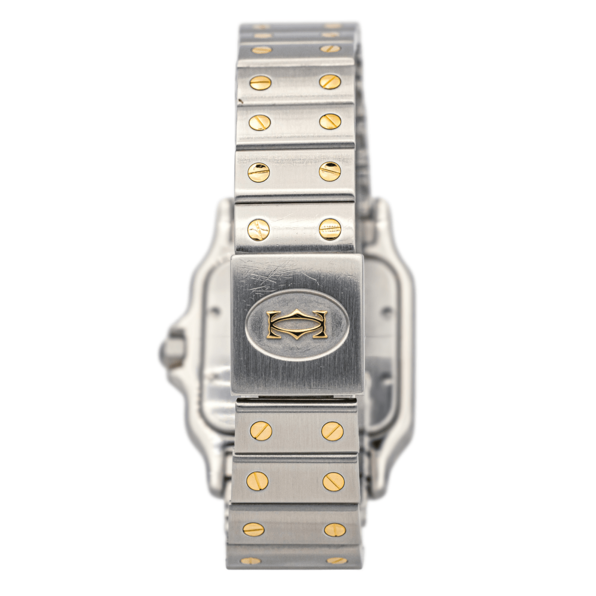 Montre Cartier "Santos" en or jaune, acier, saphir, spinelle et quartz - Castafiore