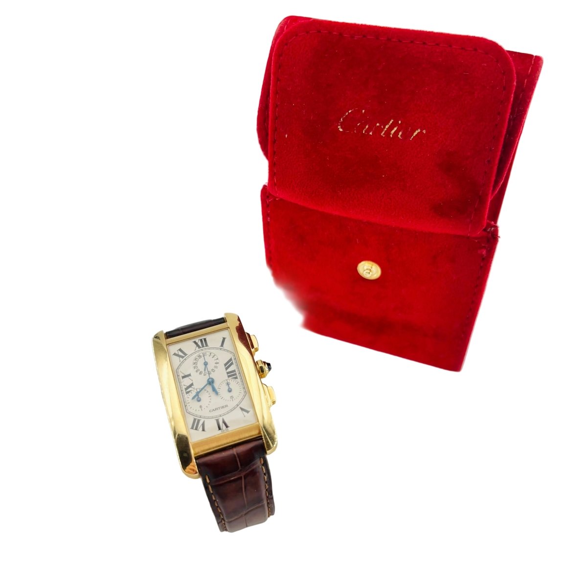 Montre CARTIER "Tank Américaine Chronoflex" en or jaune et cuir - Castafiore