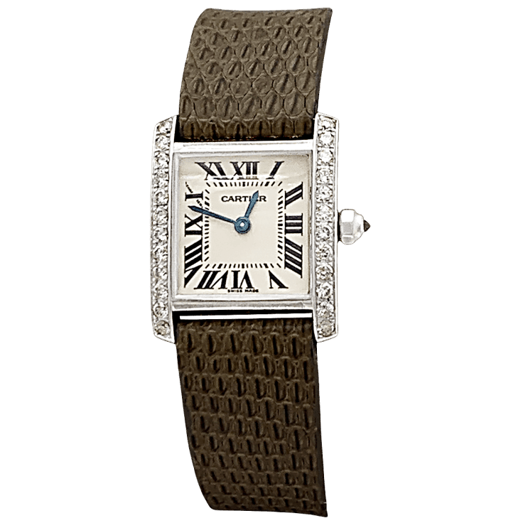Montre CARTIER "Tank Française" en or blanc, cuir, acier et diamants - Castafiore