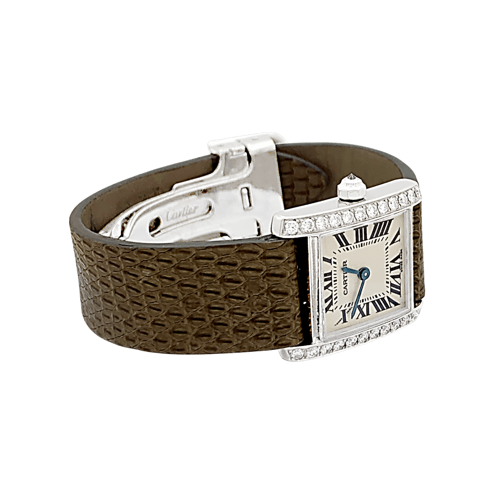 Montre CARTIER "Tank Française" en or blanc, cuir, acier et diamants - Castafiore