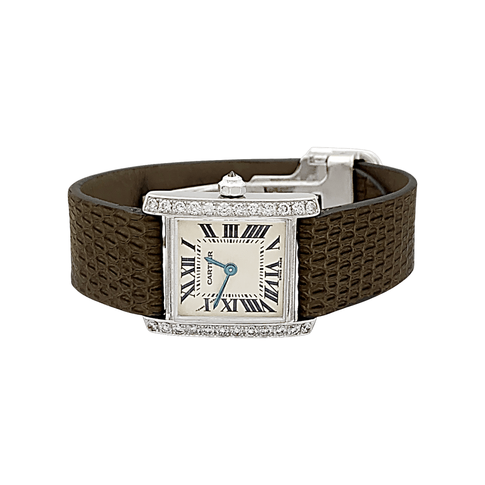 Montre CARTIER "Tank Française" en or blanc, cuir, acier et diamants - Castafiore