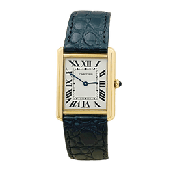 Montre CARTIER "Tank Solo" en or jaune, argent, cuir, acier et spinelle - Castafiore