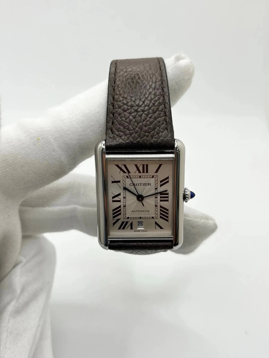 Montre CARTIER "Tank Solo XL" en acier inoxydable et cuir - Castafiore