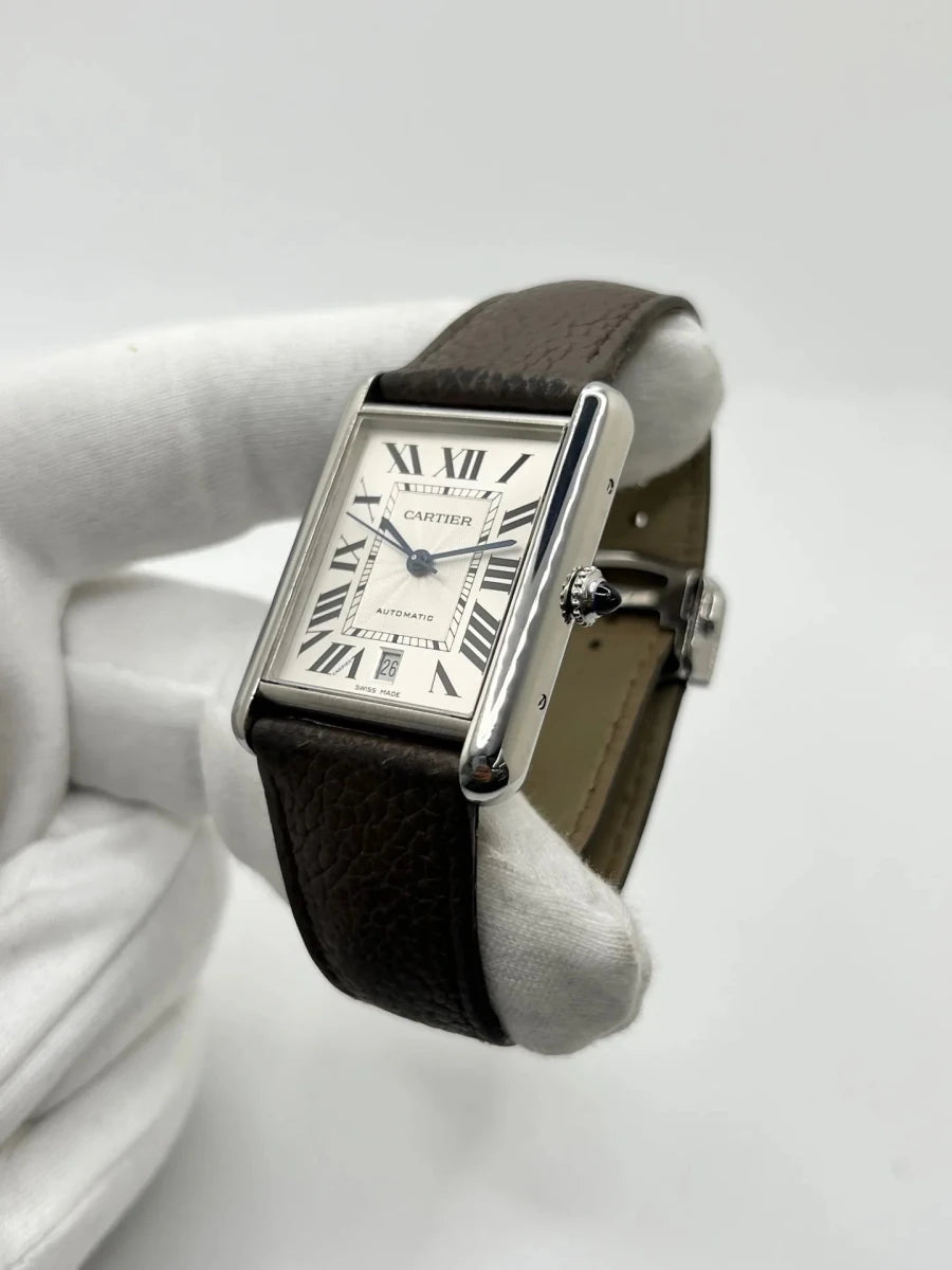 Montre CARTIER "Tank Solo XL" en acier inoxydable et cuir - Castafiore
