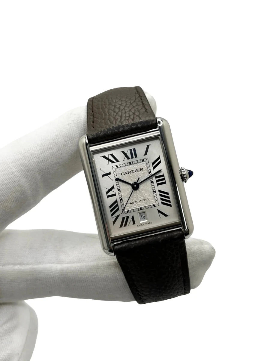 Montre CARTIER "Tank Solo XL" en acier inoxydable et cuir - Castafiore
