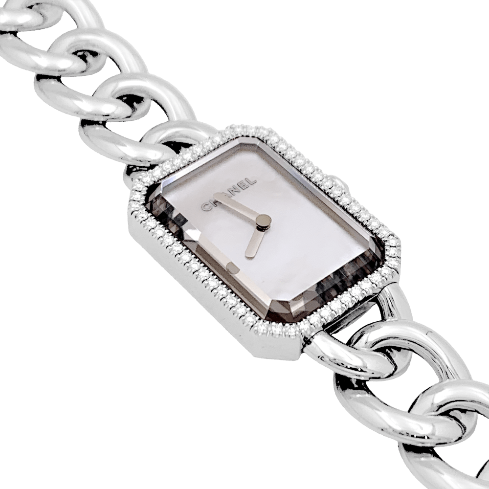 Montre Chanel "Première Chaîne Gourmette" en acier, nacre et diamants - Castafiore