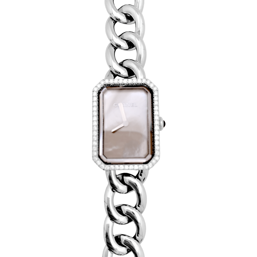 Montre Chanel "Première Chaîne Gourmette" en acier, nacre et diamants - Castafiore