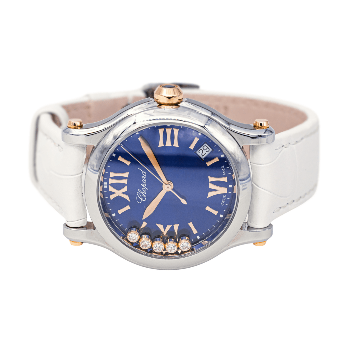 Montre CHOPARD "Happy Sport" en or rose, acier, saphir, cuir et diamants - Castafiore