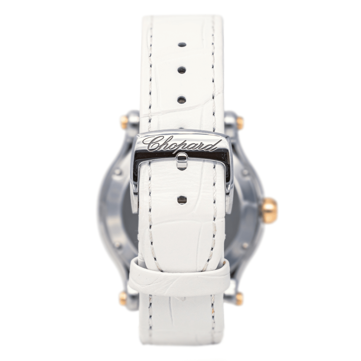 Montre CHOPARD "Happy Sport" en or rose, acier, saphir, cuir et diamants - Castafiore