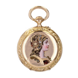 Montre de col en or jaune, émail et diamants - Castafiore