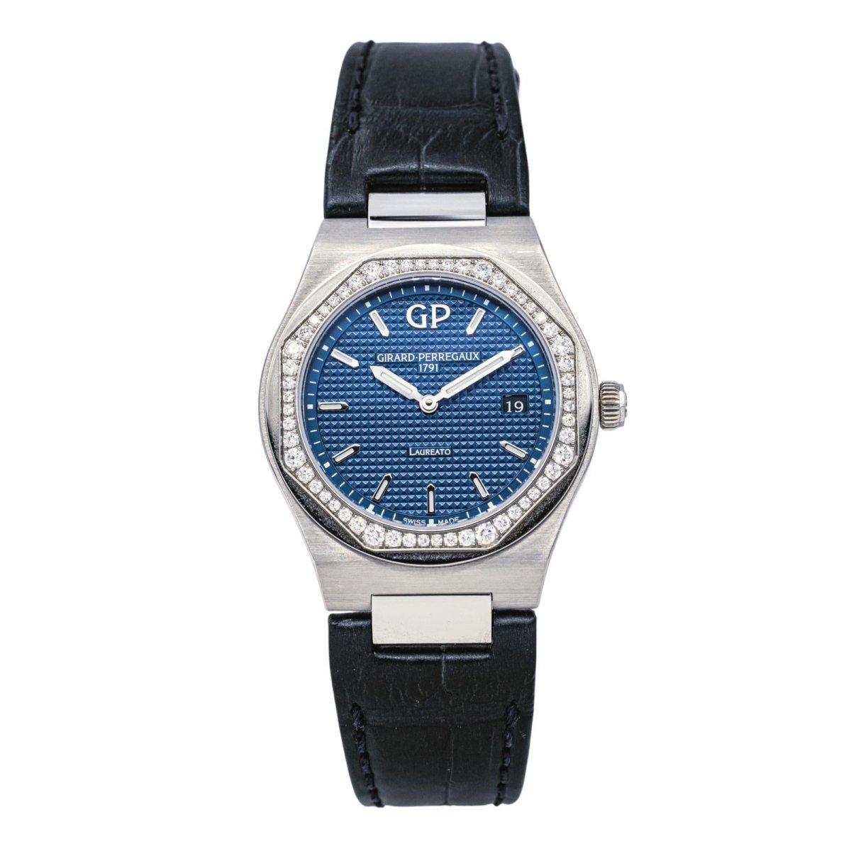 Montre GIRARD - PERREGAUX "Laureato" en acier, quartz, saphir, cuir et diamants - Castafiore