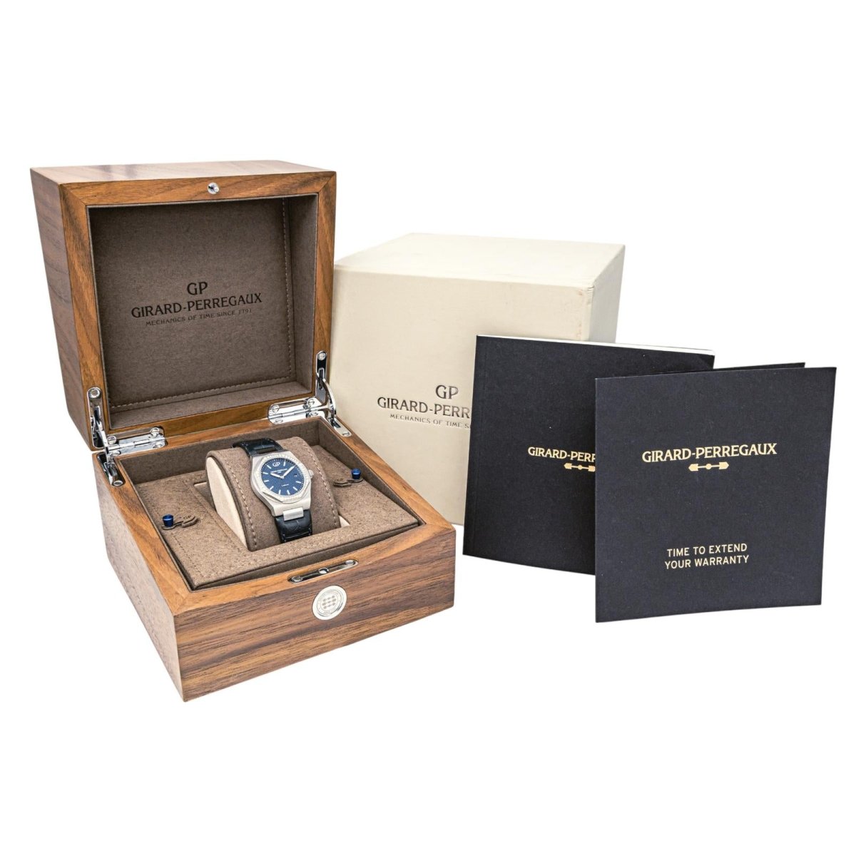 Montre GIRARD - PERREGAUX "Laureato" en acier, quartz, saphir, cuir et diamants - Castafiore
