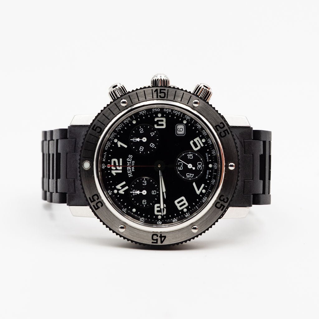 Montre HERMÈS "Clipper Chrono" en acier et caoutchouc - Castafiore