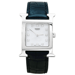 Montre HERMÈS "Heure H" en acier, nacre, cuir et diamants - Castafiore