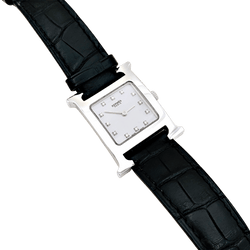Montre HERMÈS "Heure H" en acier, nacre, cuir et diamants - Castafiore