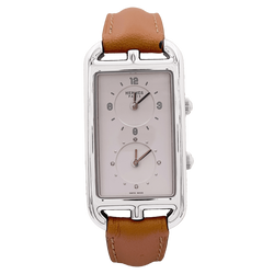 Montre HERMÈS "Nantucket Dual Time" en acier, argent, cuir et diamants - Castafiore