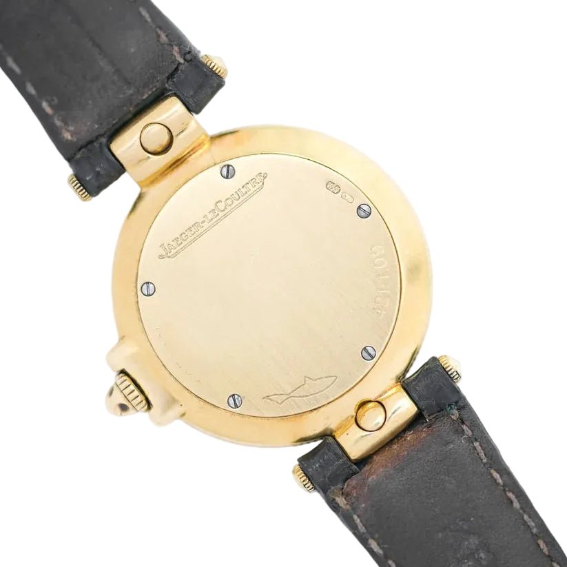 Montre JAEGER-LECOULTRE en or jaune, nacre, cuir, émeraudes et diamants - Castafiore