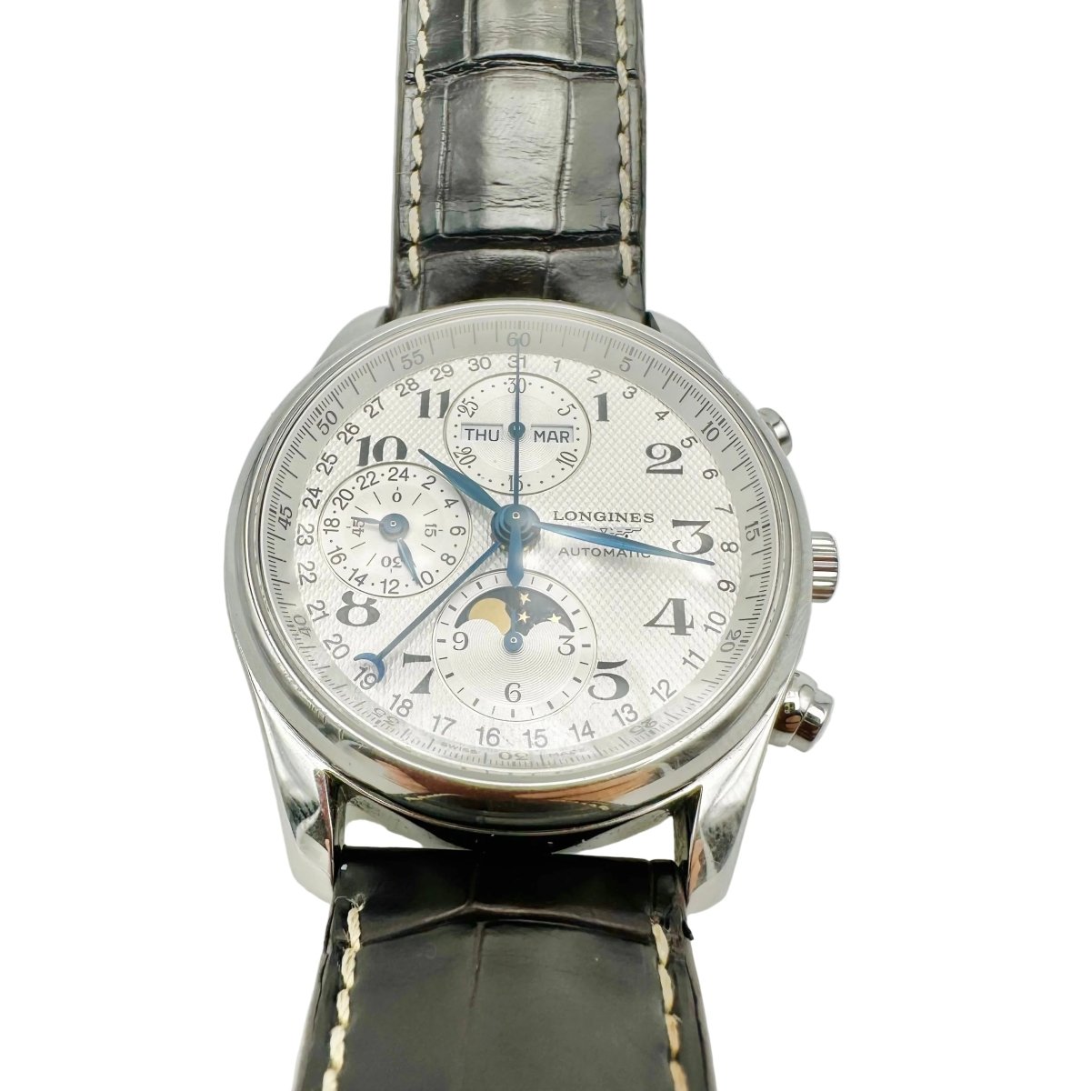 Montre LONGINES "Chrono Moonphase Master Collection" en acier et cuir - Castafiore