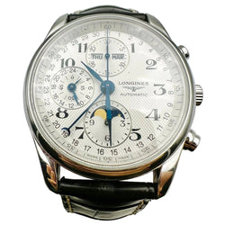Montre LONGINES "Chrono Moonphase Master Collection" en acier et cuir - Castafiore