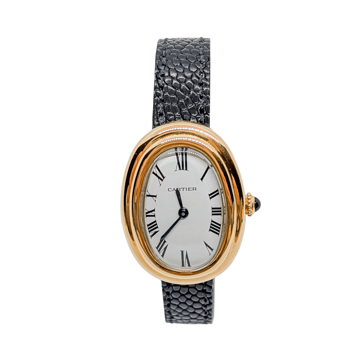 Montre Mécanique CARTIER "Baignoire" en or jaune, cuir et saphir - Castafiore