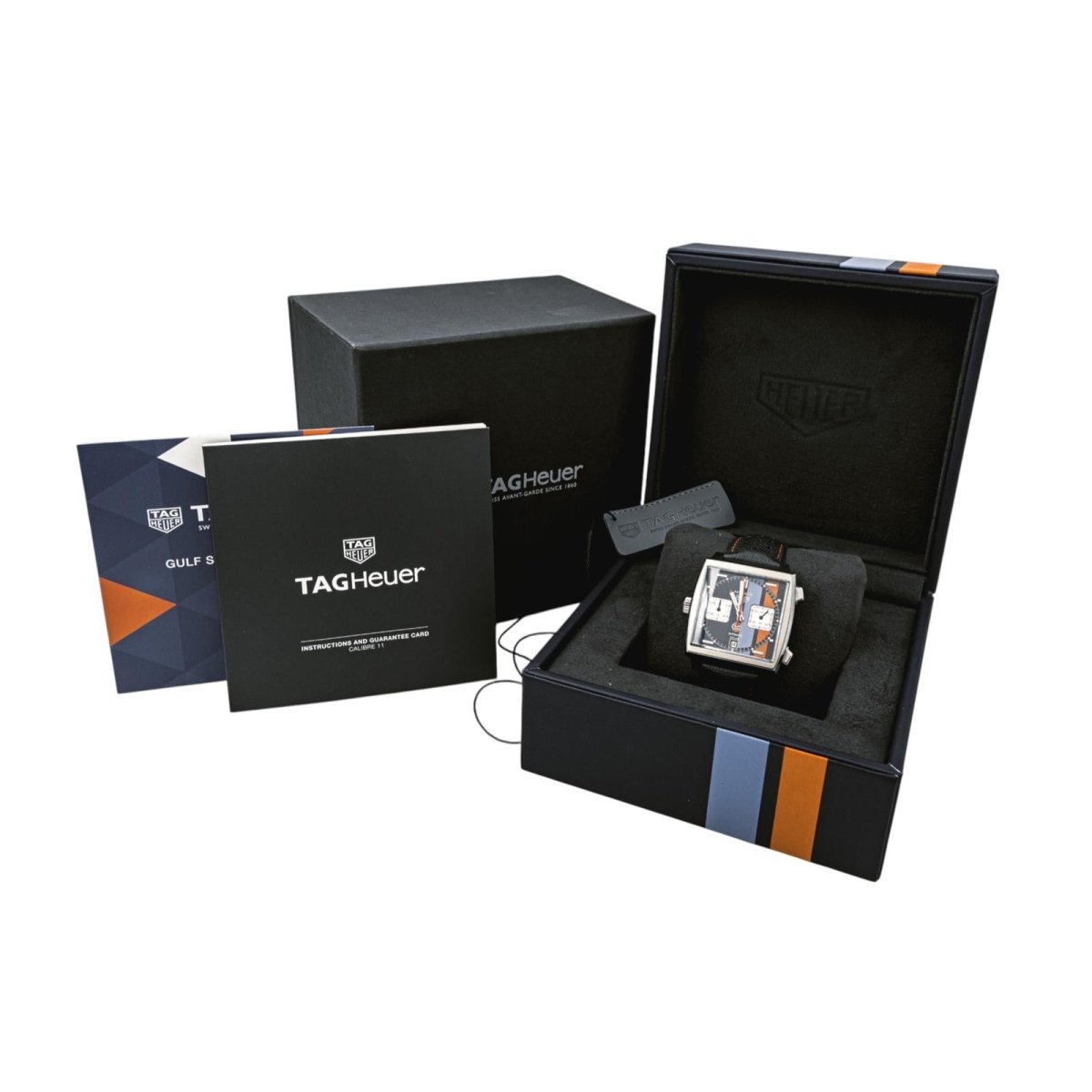 Montre TAG HEUER "Monaco Gulf" en acier, saphir et cuir - Castafiore
